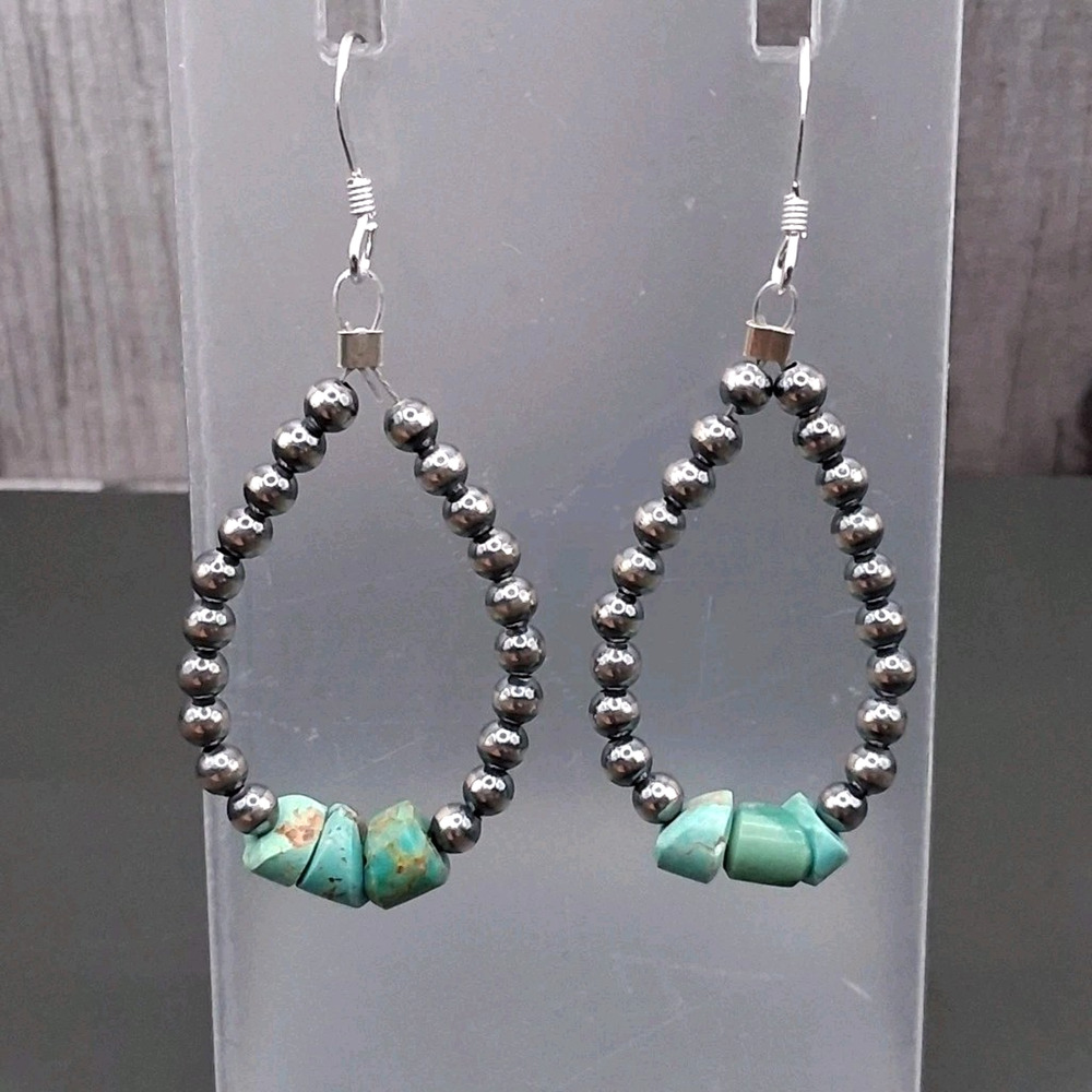 Southwestern Navajo Pearl Green Kingman Turquoise Hoop Earrings Sterling Silver